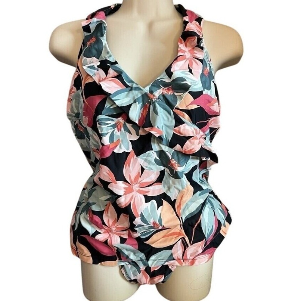 Aqua Couture Floral Halter Tankini Top Black Pink Tropical Ruffle Swimwear Med
